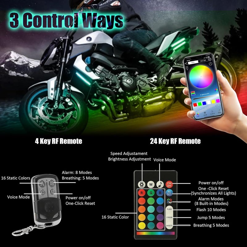 SUNPIE Motorcycle Underglow LED Light Kit 16PCS RGB LED Strip Lights with Brake&Turn Signal 12V Waterproof Bright 4 Zone Motorcycle Strips Lighting for Harley Kawasaki Suzuki Indian All Motor - Image 4